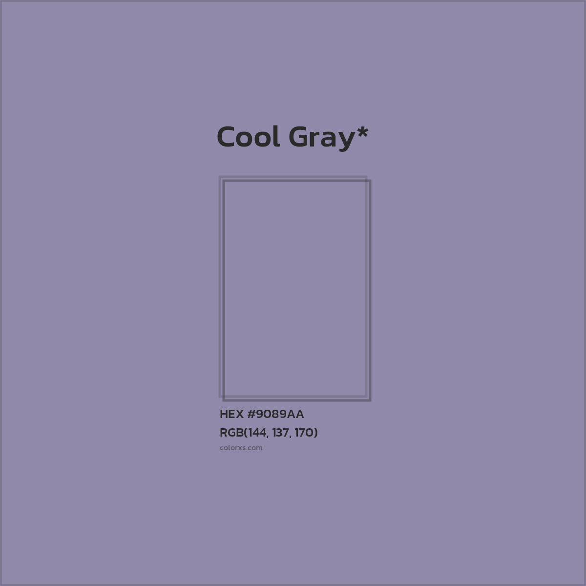 #9089AA hex color. RGB, RYB, CMYK, HSL, HSV codes and color conversions. Matching color names, palettes, paints.