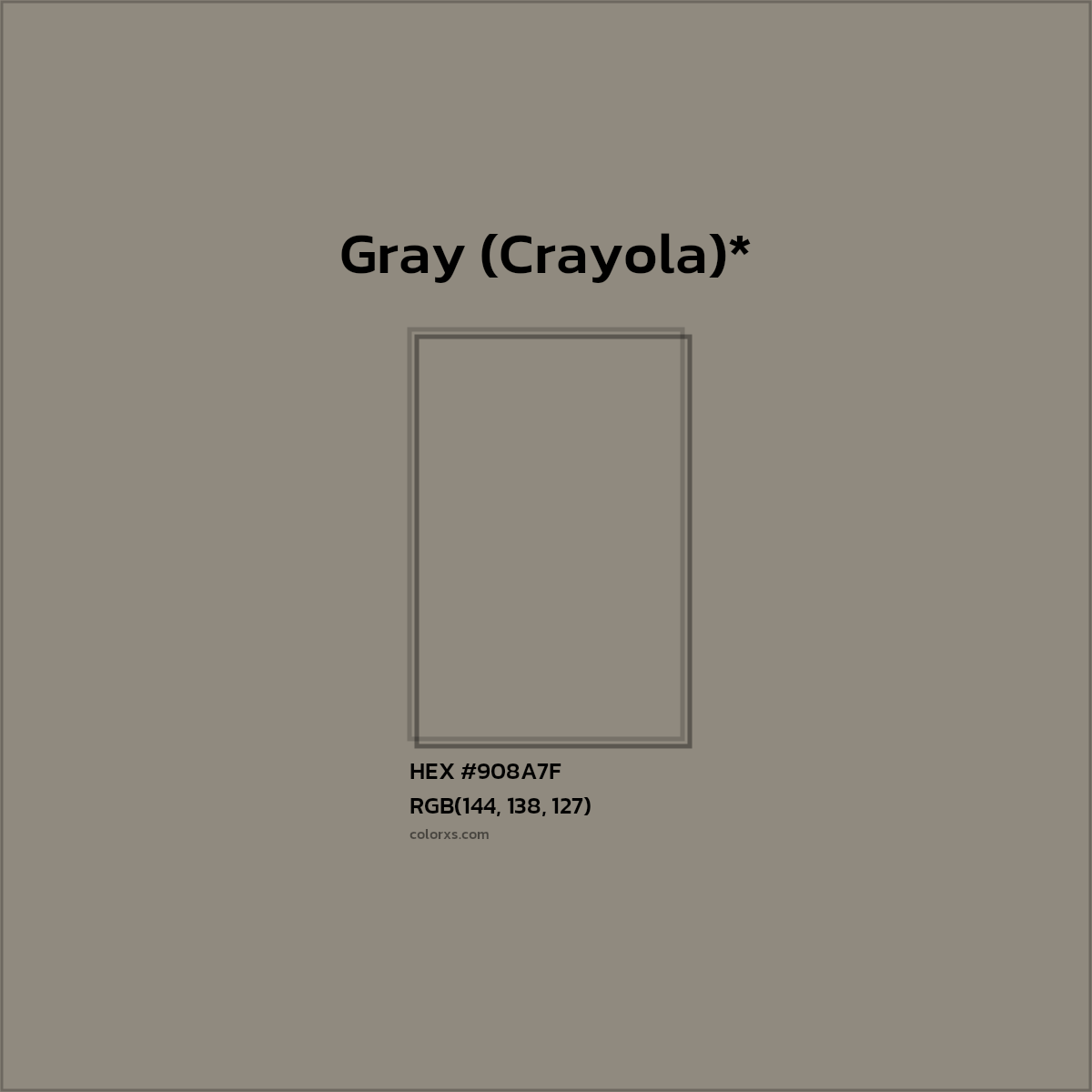 #908A7F hex color. RGB, RYB, CMYK, HSL, HSV codes and color conversions. Matching color names, palettes, paints.