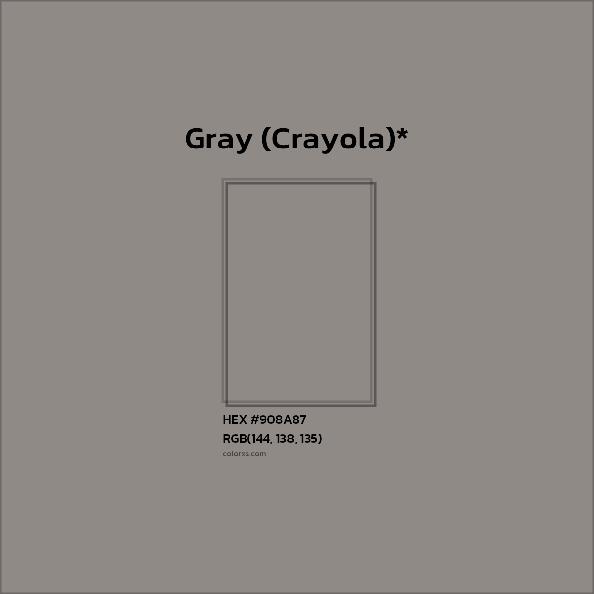 #908A87 hex color. RGB, RYB, CMYK, HSL, HSV codes and color conversions. Matching color names, palettes, paints.