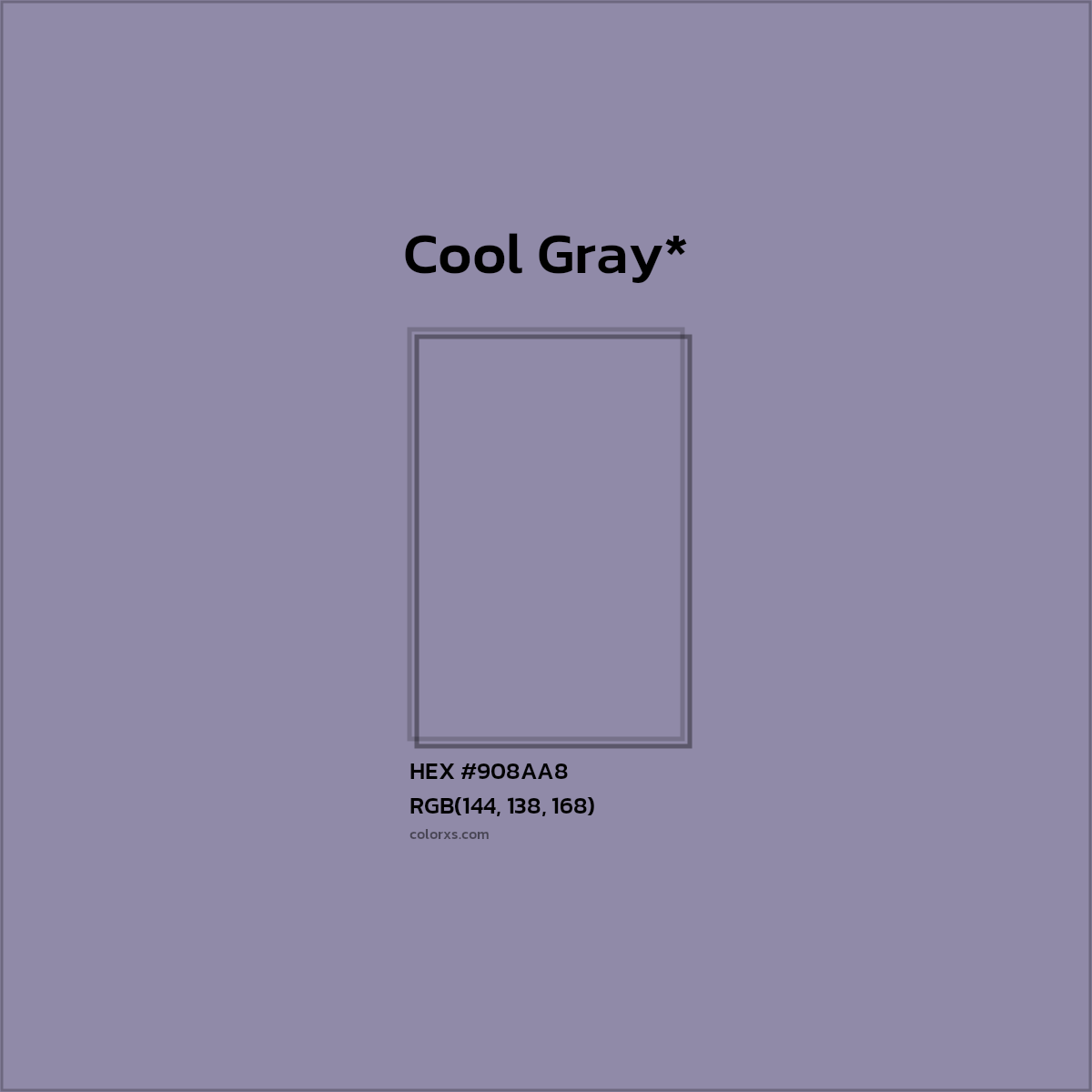 #908AA8 hex color. RGB, RYB, CMYK, HSL, HSV codes and color conversions. Matching color names, palettes, paints.