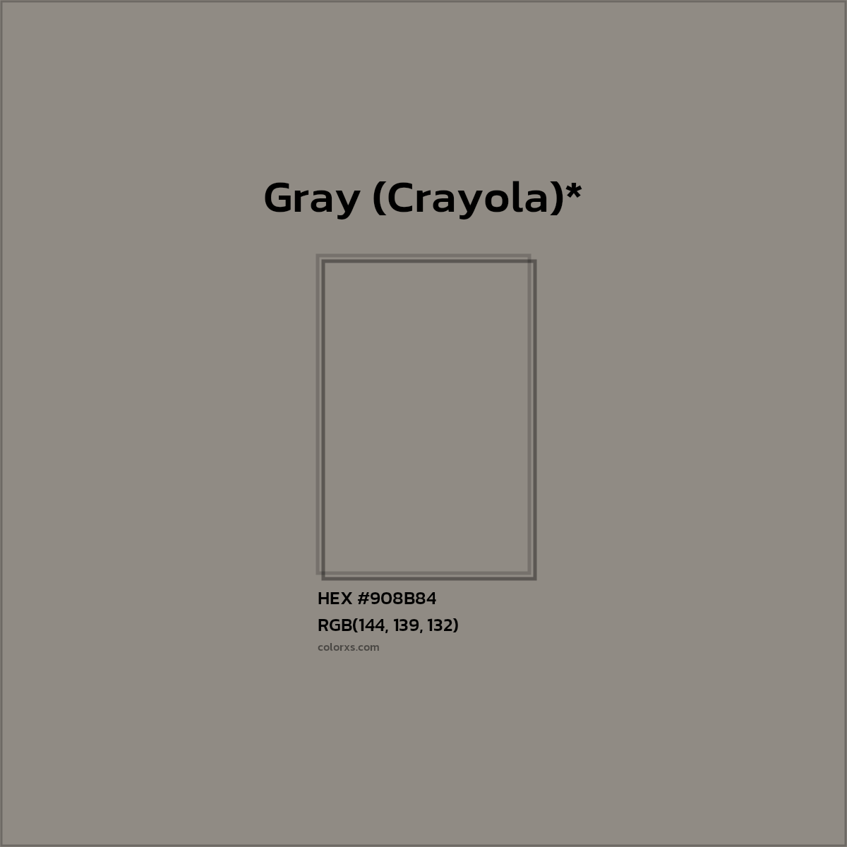 #908B84 hex color. RGB, RYB, CMYK, HSL, HSV codes and color conversions. Matching color names, palettes, paints.