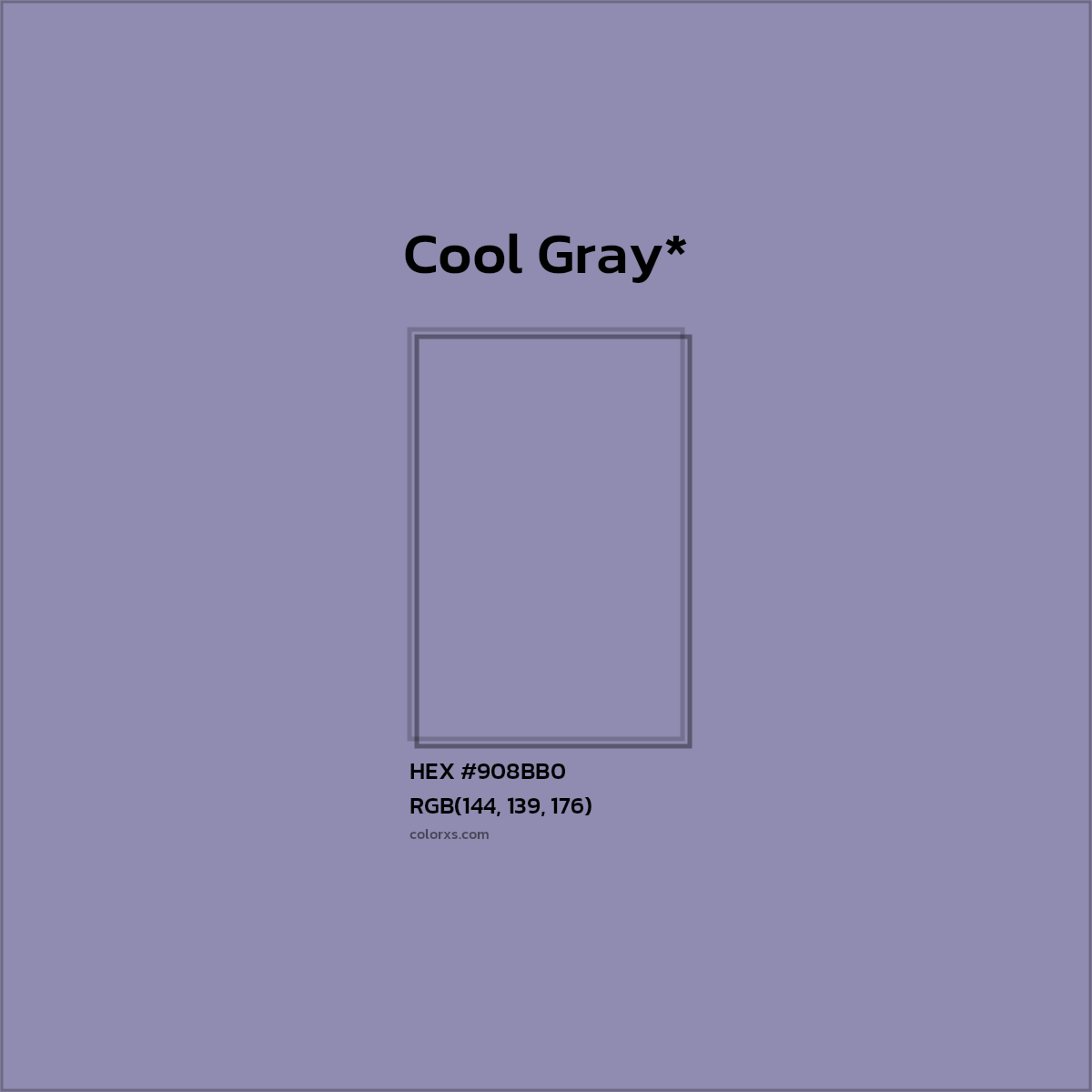 #908BB0 hex color. RGB, RYB, CMYK, HSL, HSV codes and color conversions. Matching color names, palettes, paints.