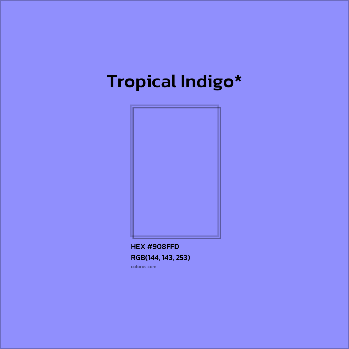 #908FFD hex color. RGB, RYB, CMYK, HSL, HSV codes and color conversions. Matching color names, palettes, paints.