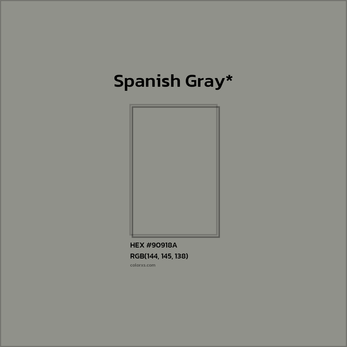#90918A hex color. RGB, RYB, CMYK, HSL, HSV codes and color conversions. Matching color names, palettes, paints.