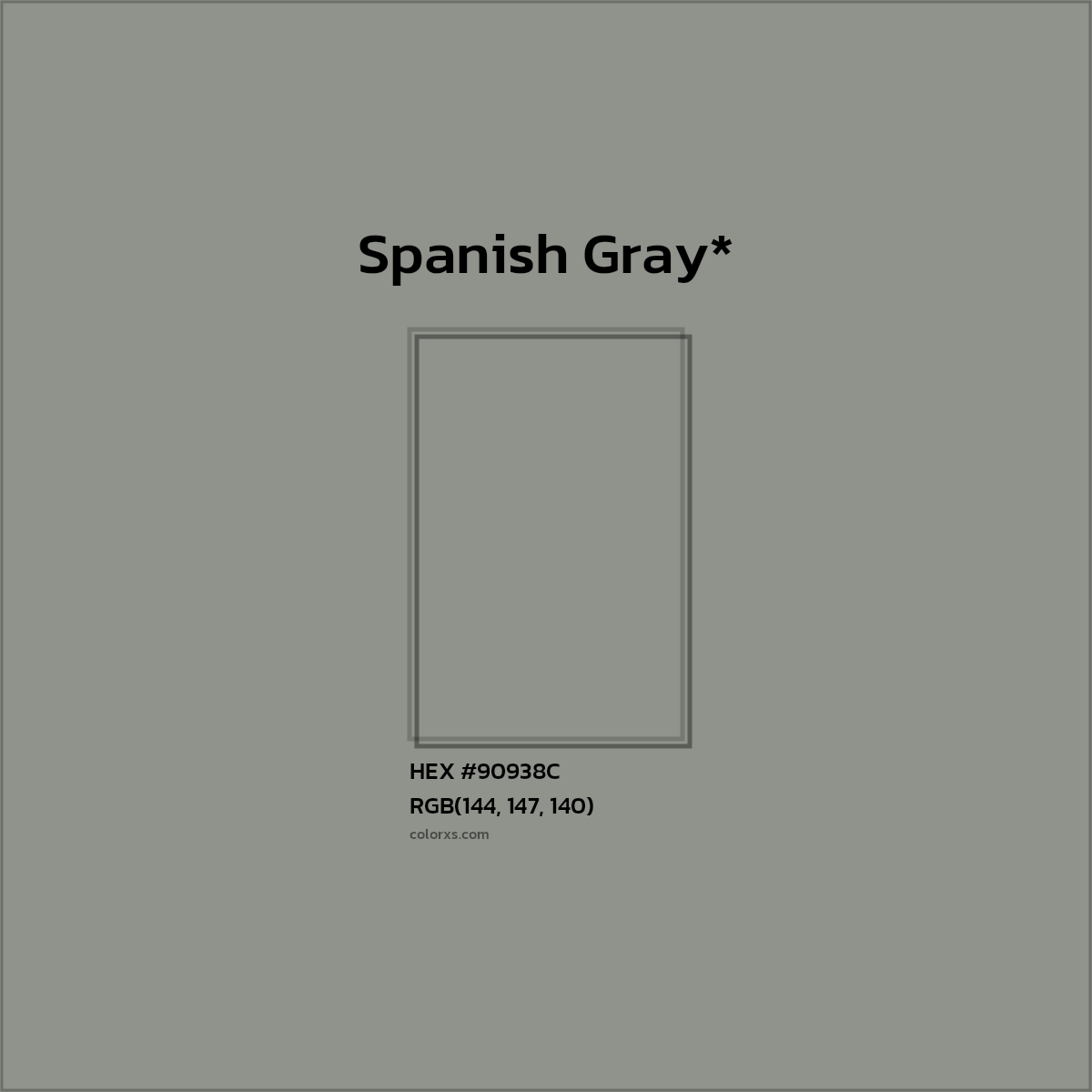 #90938C hex color. RGB, RYB, CMYK, HSL, HSV codes and color conversions. Matching color names, palettes, paints.