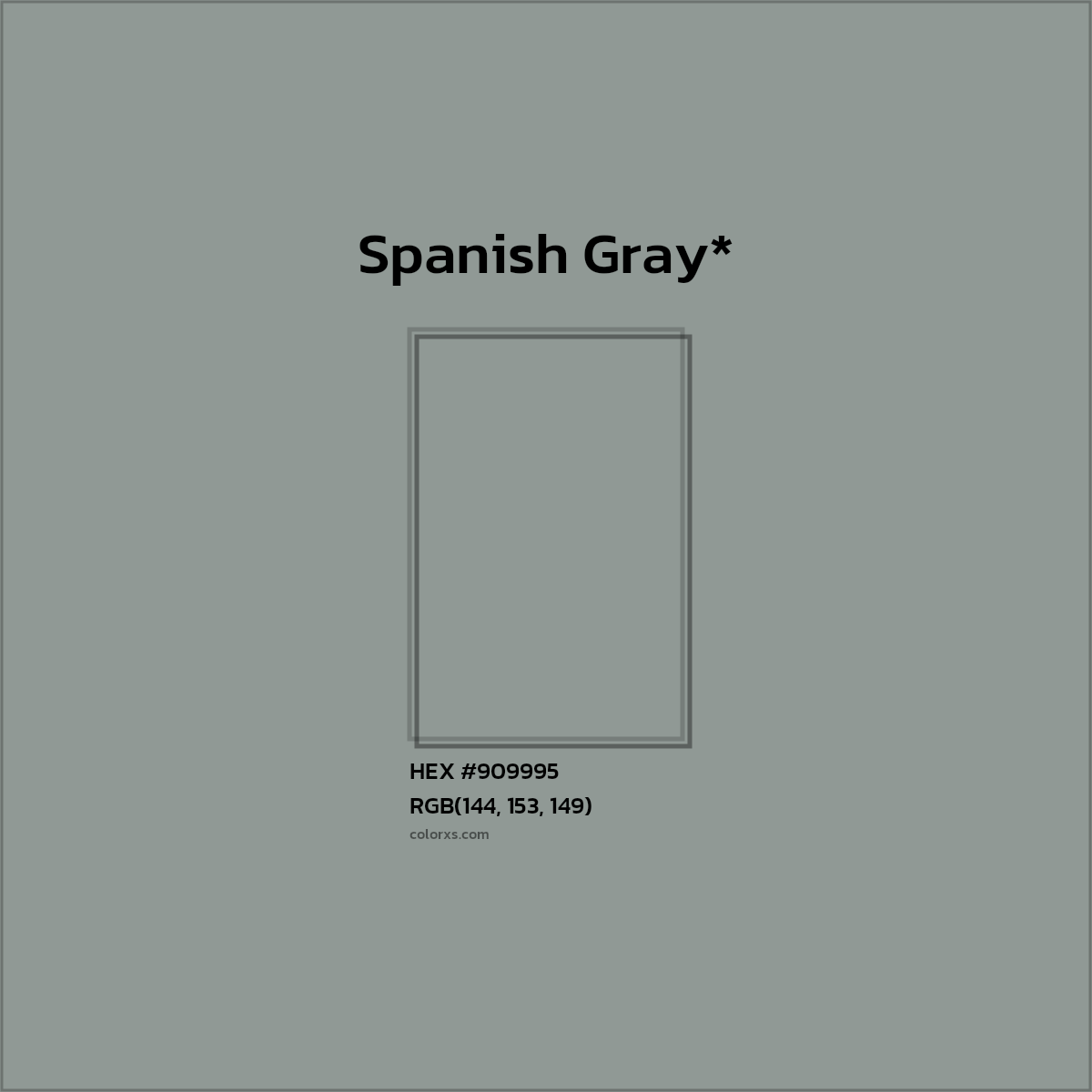 #909995 hex color. RGB, RYB, CMYK, HSL, HSV codes and color conversions. Matching color names, palettes, paints.