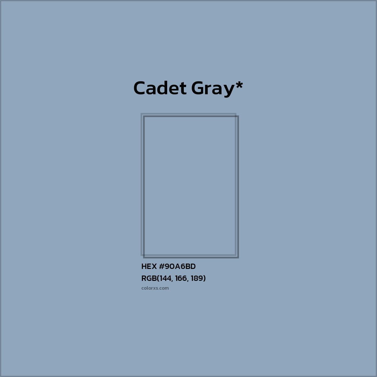 #90A6BD hex color. RGB, RYB, CMYK, HSL, HSV codes and color conversions. Matching color names, palettes, paints.
