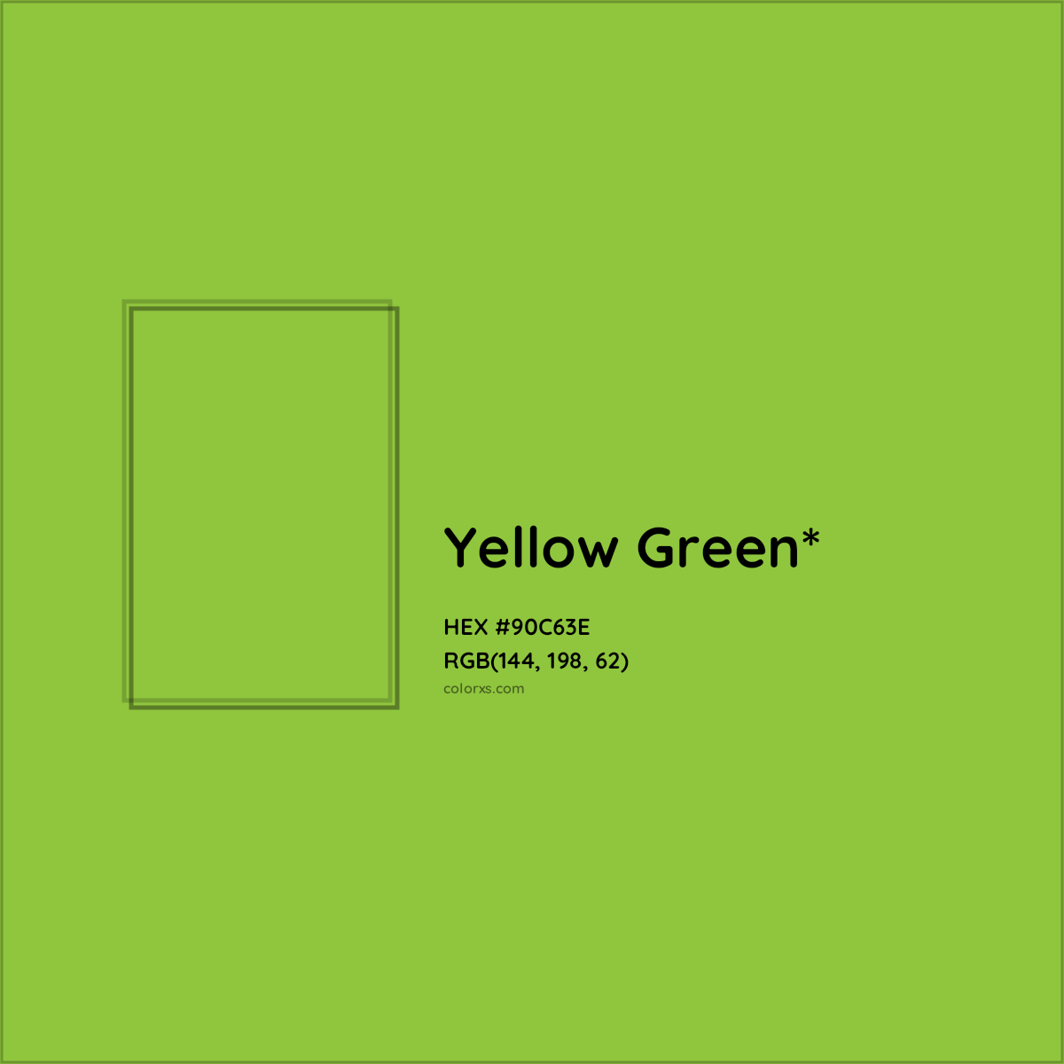 #90C63E hex color. RGB, RYB, CMYK, HSL, HSV codes and color conversions. Matching color names, palettes, paints.