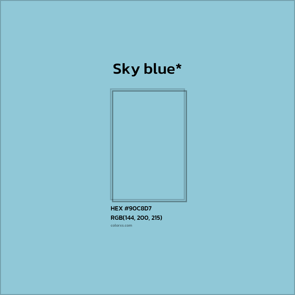 #90C8D7 hex color. RGB, RYB, CMYK, HSL, HSV codes and color conversions. Matching color names, palettes, paints.