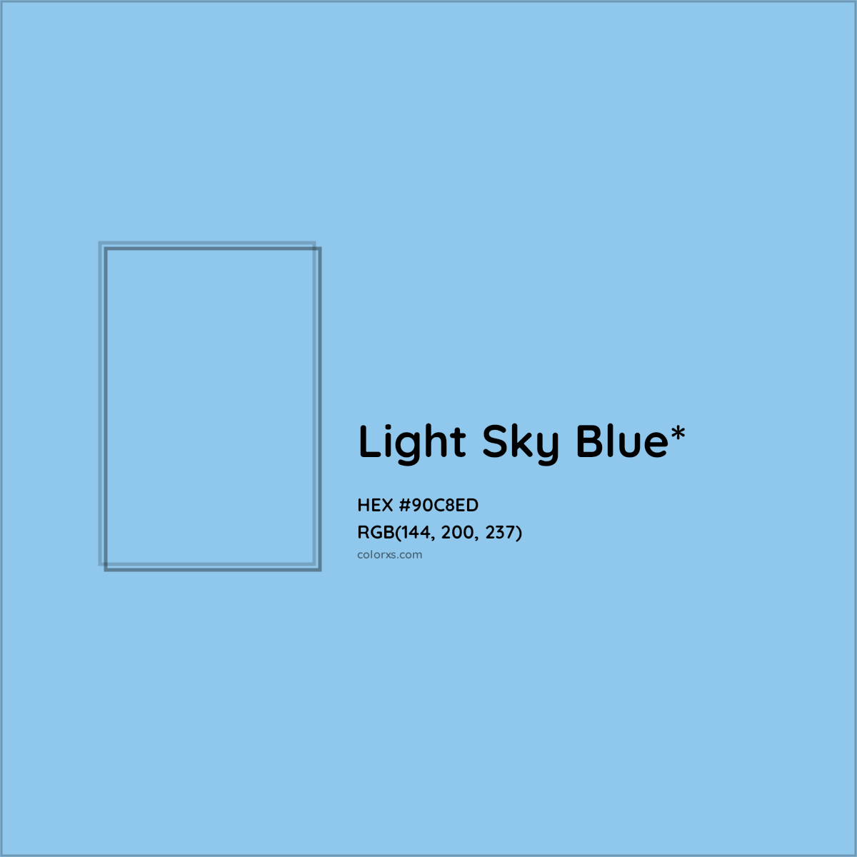 #90C8ED hex color. RGB, RYB, CMYK, HSL, HSV codes and color conversions. Matching color names, palettes, paints.