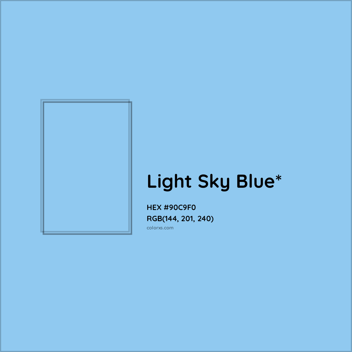 #90C9F0 hex color. RGB, RYB, CMYK, HSL, HSV codes and color conversions. Matching color names, palettes, paints.