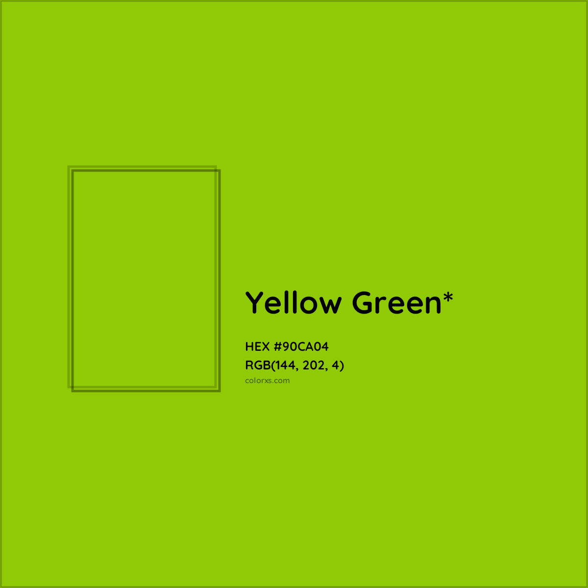 #90CA04 hex color. RGB, RYB, CMYK, HSL, HSV codes and color conversions. Matching color names, palettes, paints.