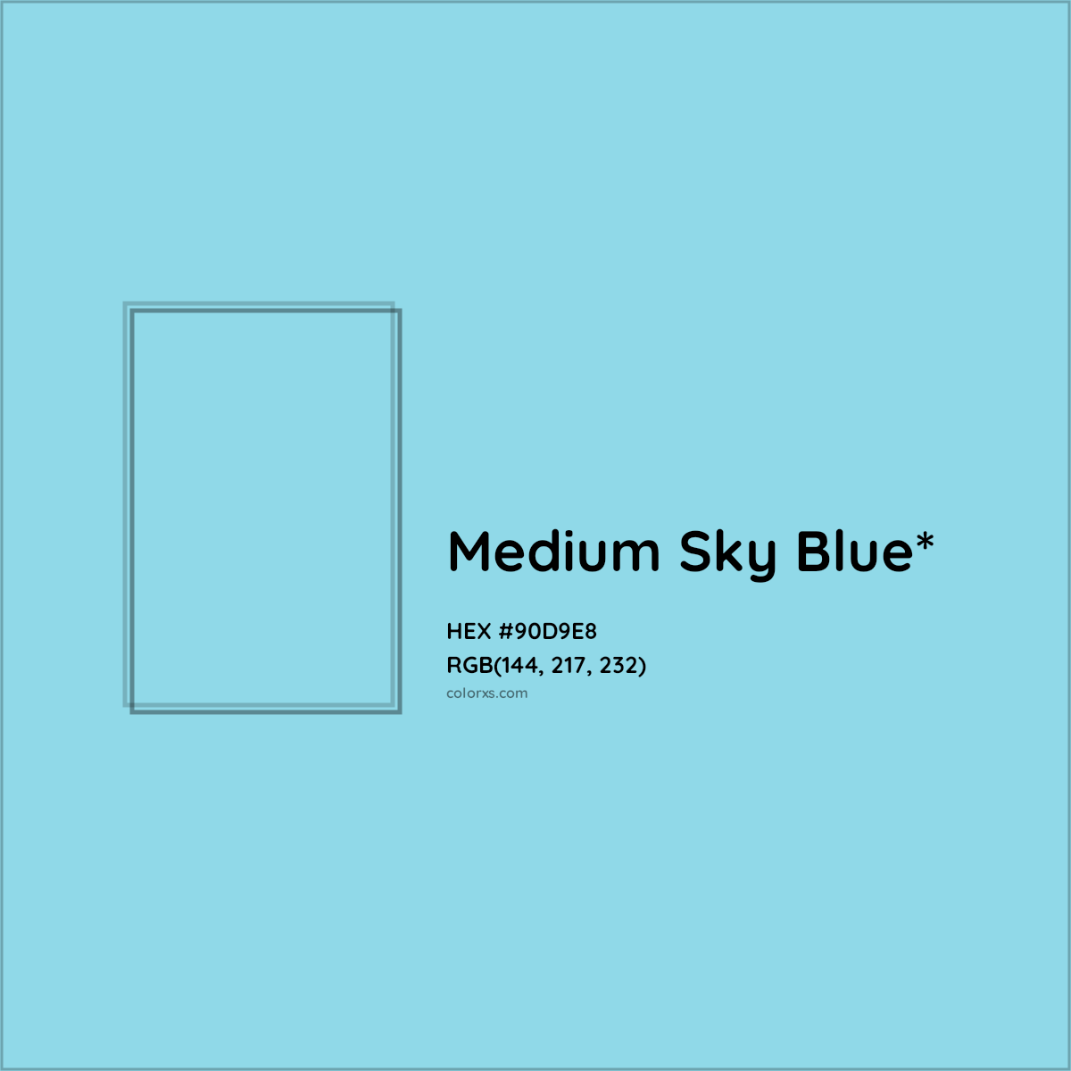 #90D9E8 hex color. RGB, RYB, CMYK, HSL, HSV codes and color conversions. Matching color names, palettes, paints.