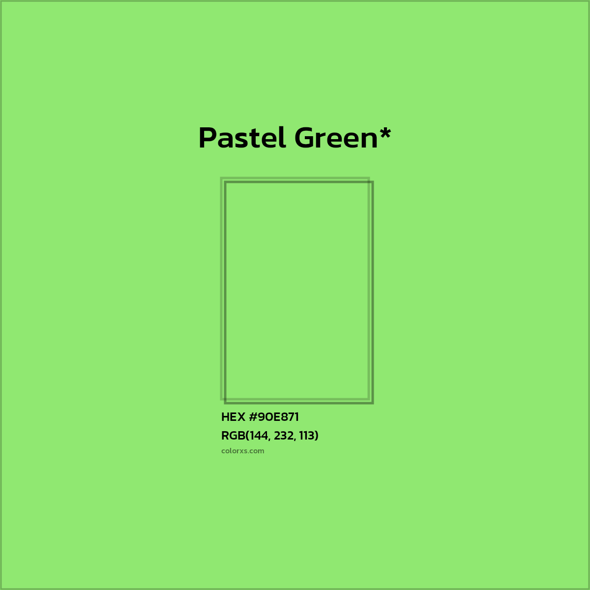 #90E871 hex color. RGB, RYB, CMYK, HSL, HSV codes and color conversions. Matching color names, palettes, paints.