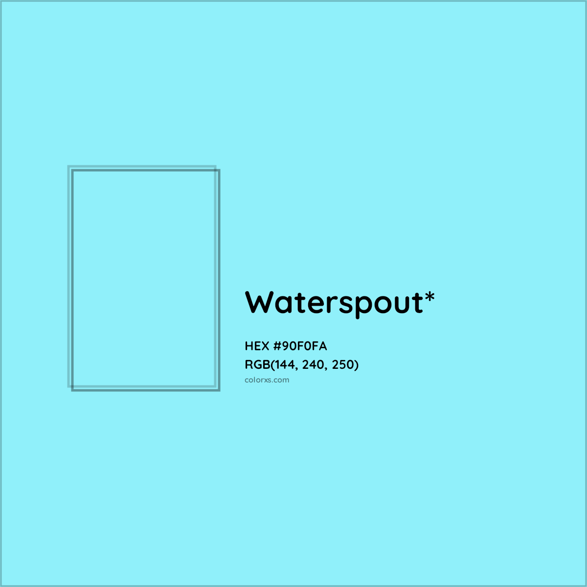 #90F0FA hex color. RGB, RYB, CMYK, HSL, HSV codes and color conversions. Matching color names, palettes, paints.