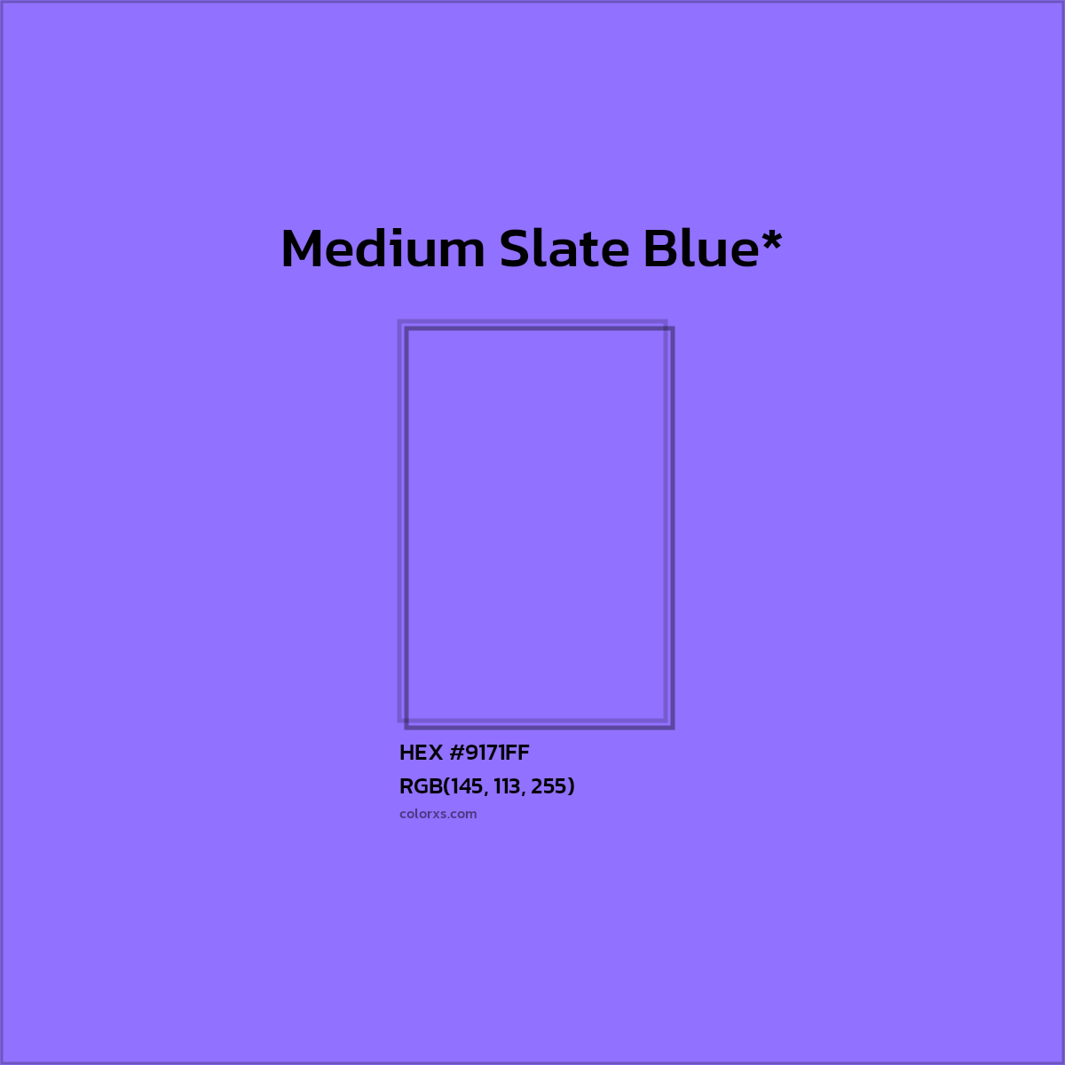 #9171FF hex color. RGB, RYB, CMYK, HSL, HSV codes and color conversions. Matching color names, palettes, paints.