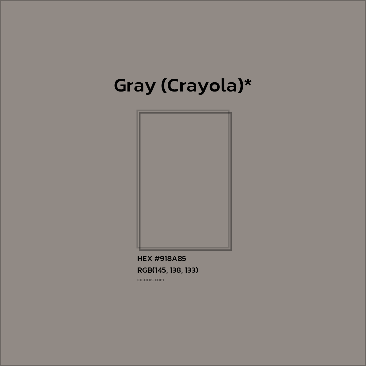 #918A85 hex color. RGB, RYB, CMYK, HSL, HSV codes and color conversions. Matching color names, palettes, paints.