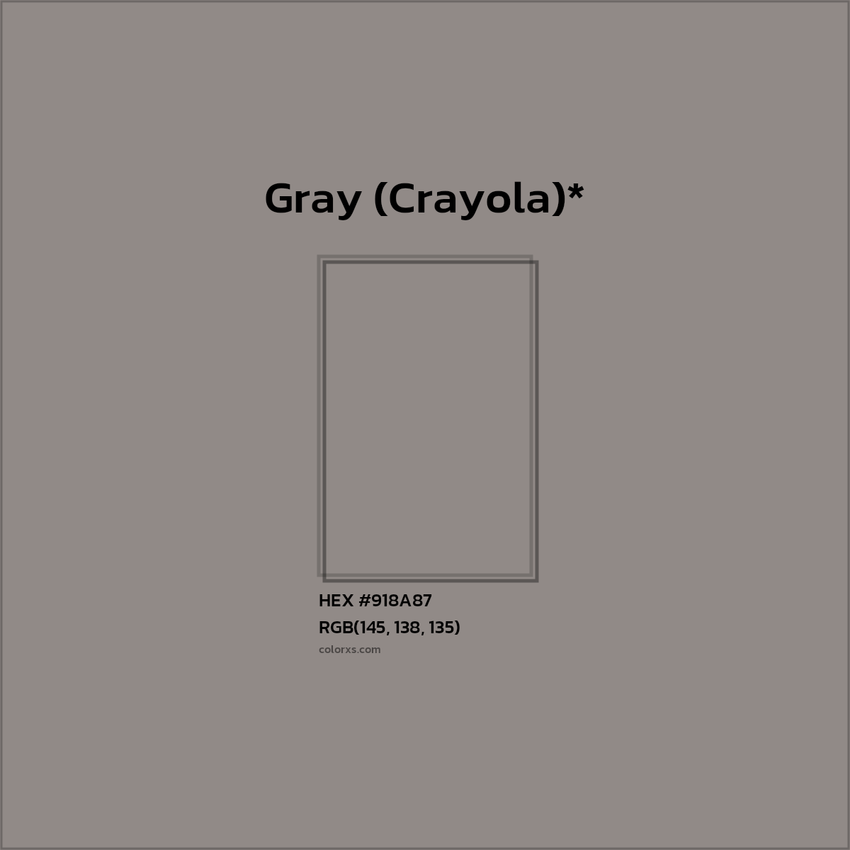 #918A87 hex color. RGB, RYB, CMYK, HSL, HSV codes and color conversions. Matching color names, palettes, paints.