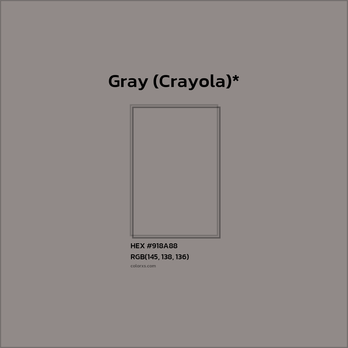 #918A88 hex color. RGB, RYB, CMYK, HSL, HSV codes and color conversions. Matching color names, palettes, paints.