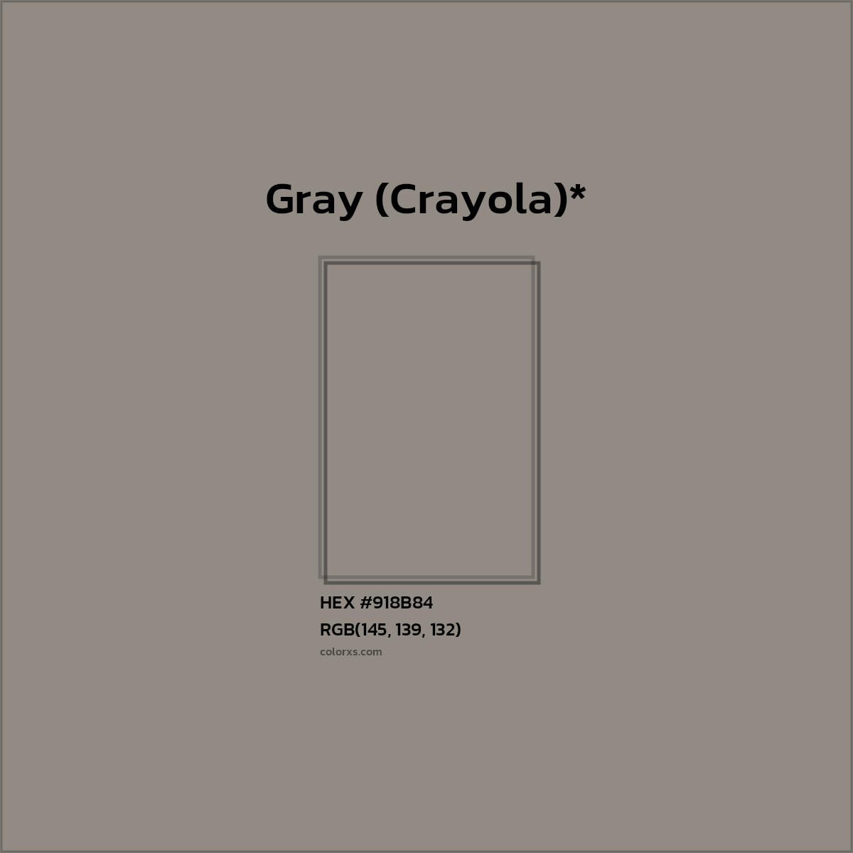 #918B84 hex color. RGB, RYB, CMYK, HSL, HSV codes and color conversions. Matching color names, palettes, paints.