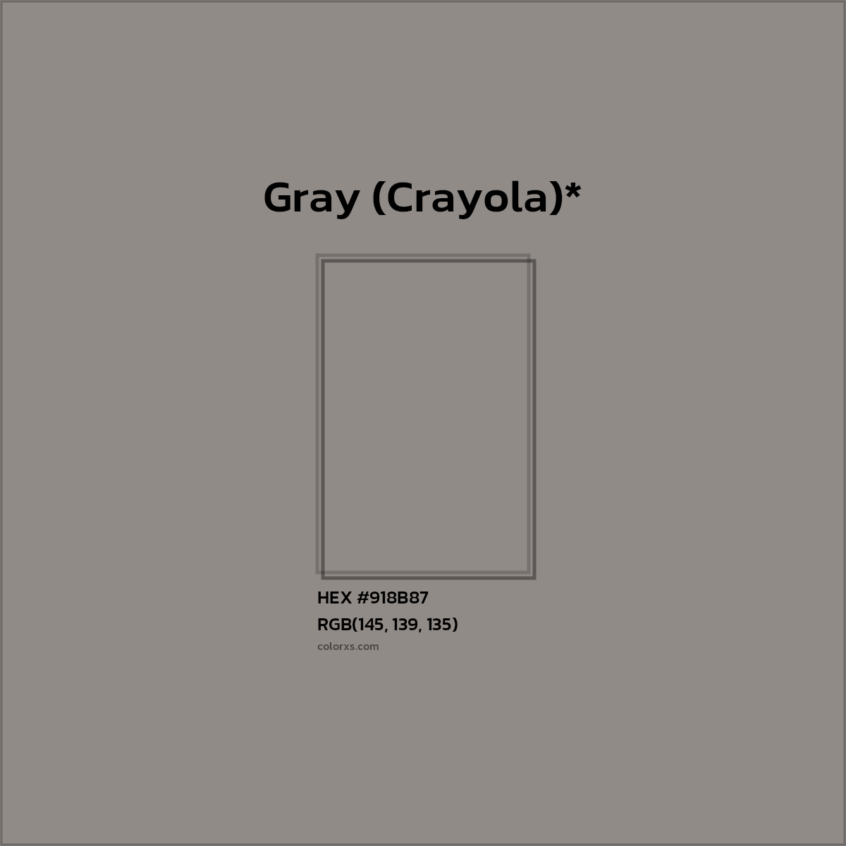 #918B87 hex color. RGB, RYB, CMYK, HSL, HSV codes and color conversions. Matching color names, palettes, paints.