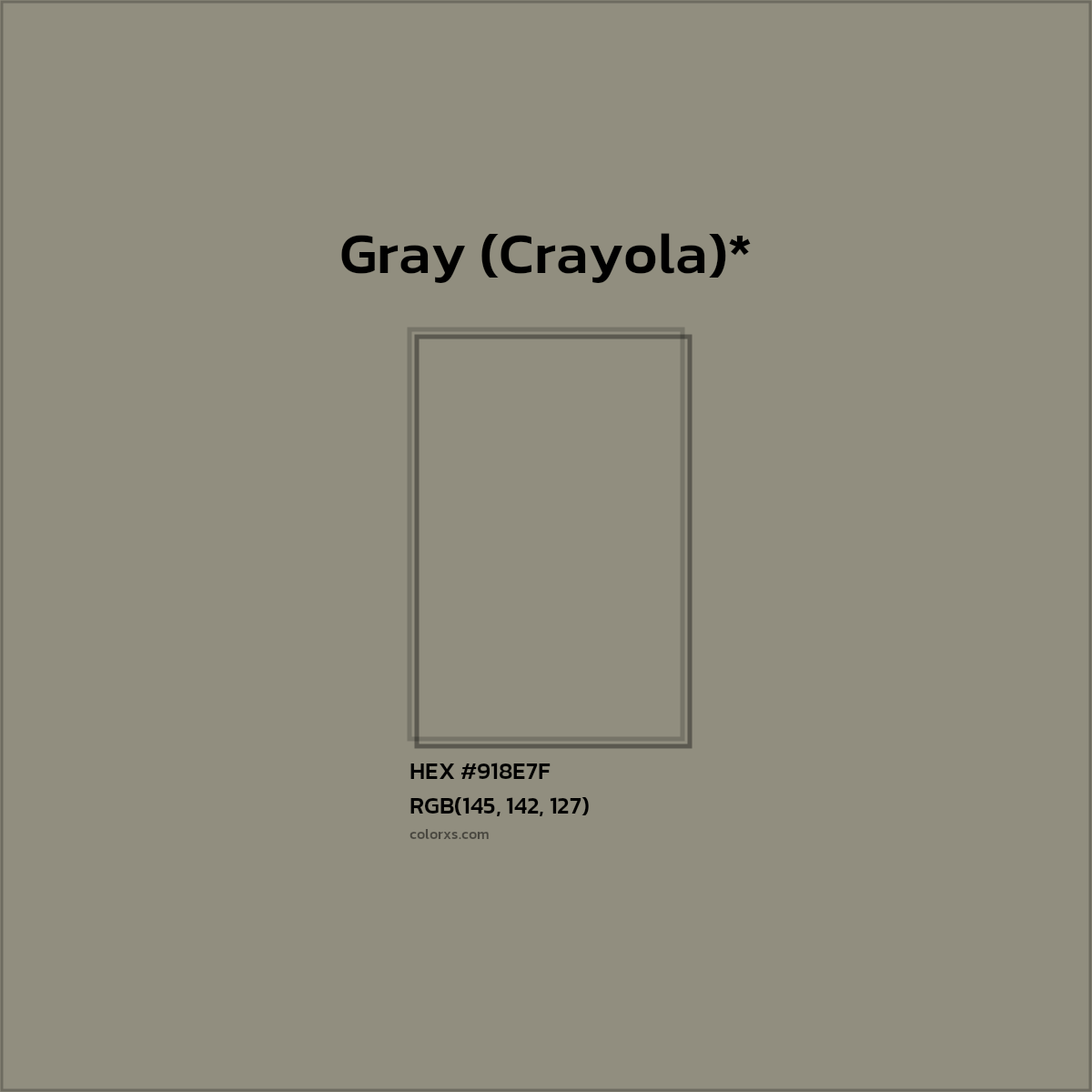#918E7F hex color. RGB, RYB, CMYK, HSL, HSV codes and color conversions. Matching color names, palettes, paints.