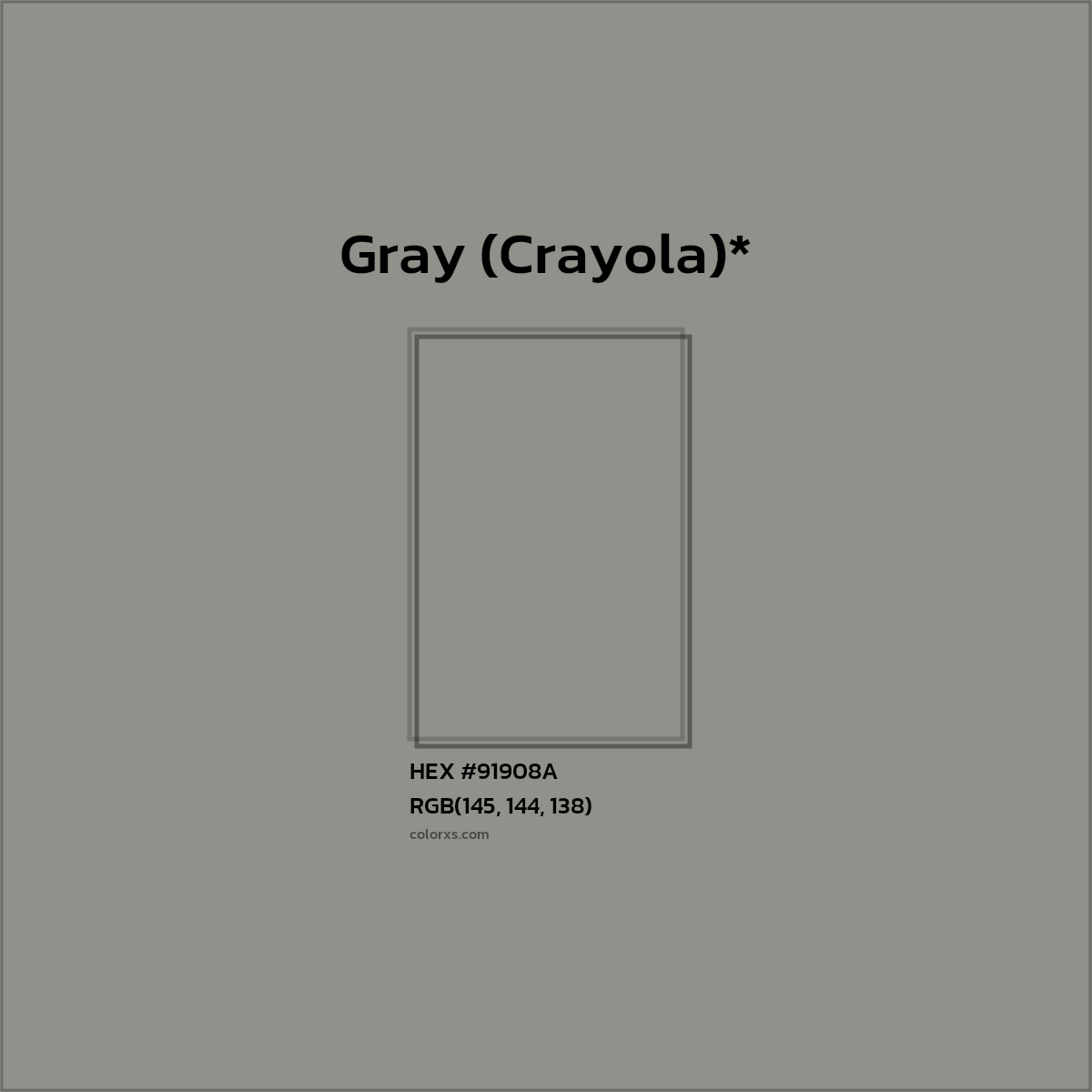 #91908A hex color. RGB, RYB, CMYK, HSL, HSV codes and color conversions. Matching color names, palettes, paints.
