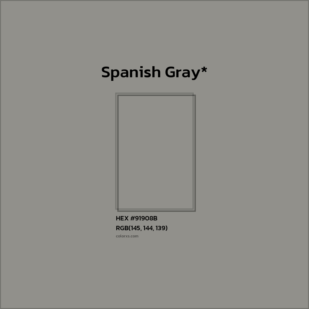 #91908B hex color. RGB, RYB, CMYK, HSL, HSV codes and color conversions. Matching color names, palettes, paints.