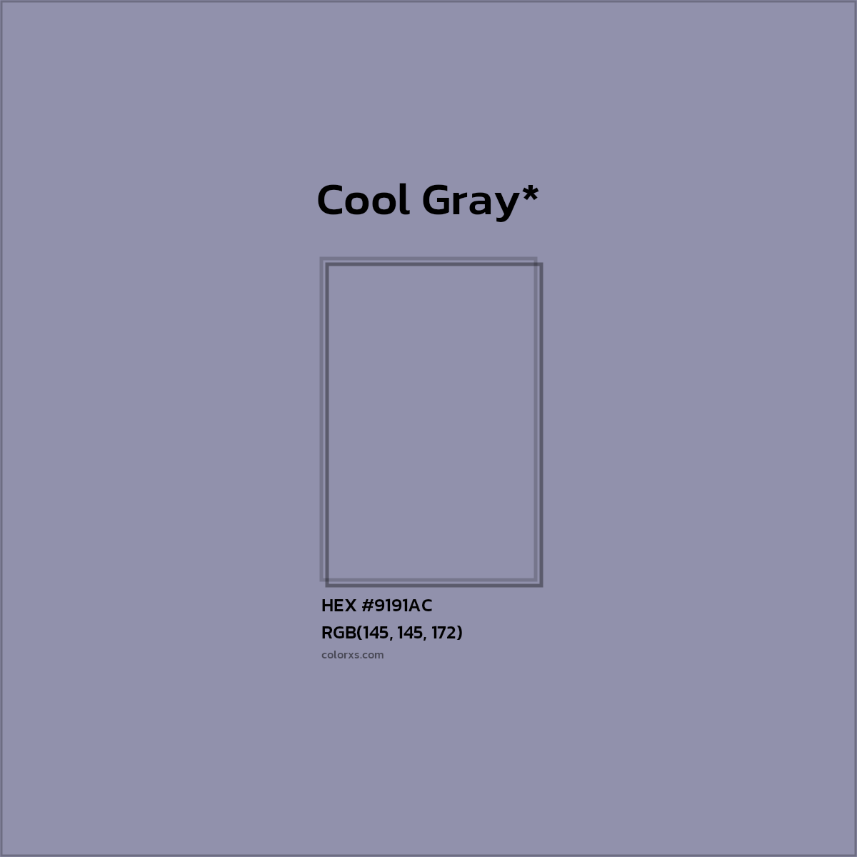 #9191AC hex color. RGB, RYB, CMYK, HSL, HSV codes and color conversions. Matching color names, palettes, paints.