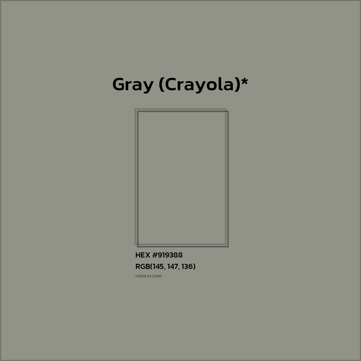 #919388 hex color. RGB, RYB, CMYK, HSL, HSV codes and color conversions. Matching color names, palettes, paints.