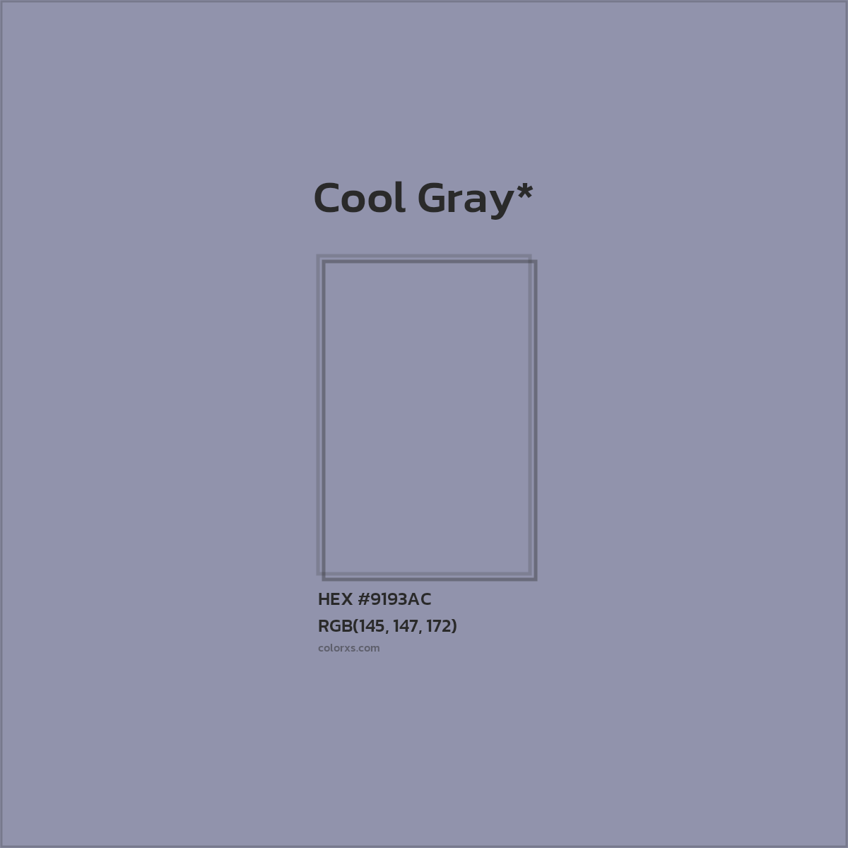 #9193AC hex color. RGB, RYB, CMYK, HSL, HSV codes and color conversions. Matching color names, palettes, paints.