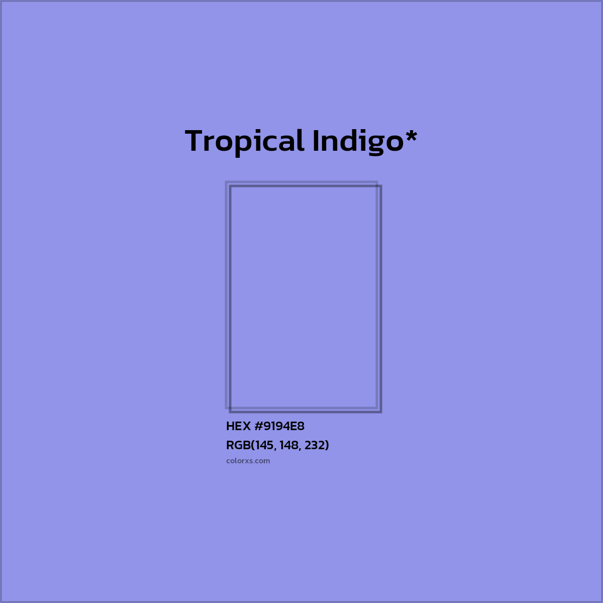 #9194E8 hex color. RGB, RYB, CMYK, HSL, HSV codes and color conversions. Matching color names, palettes, paints.