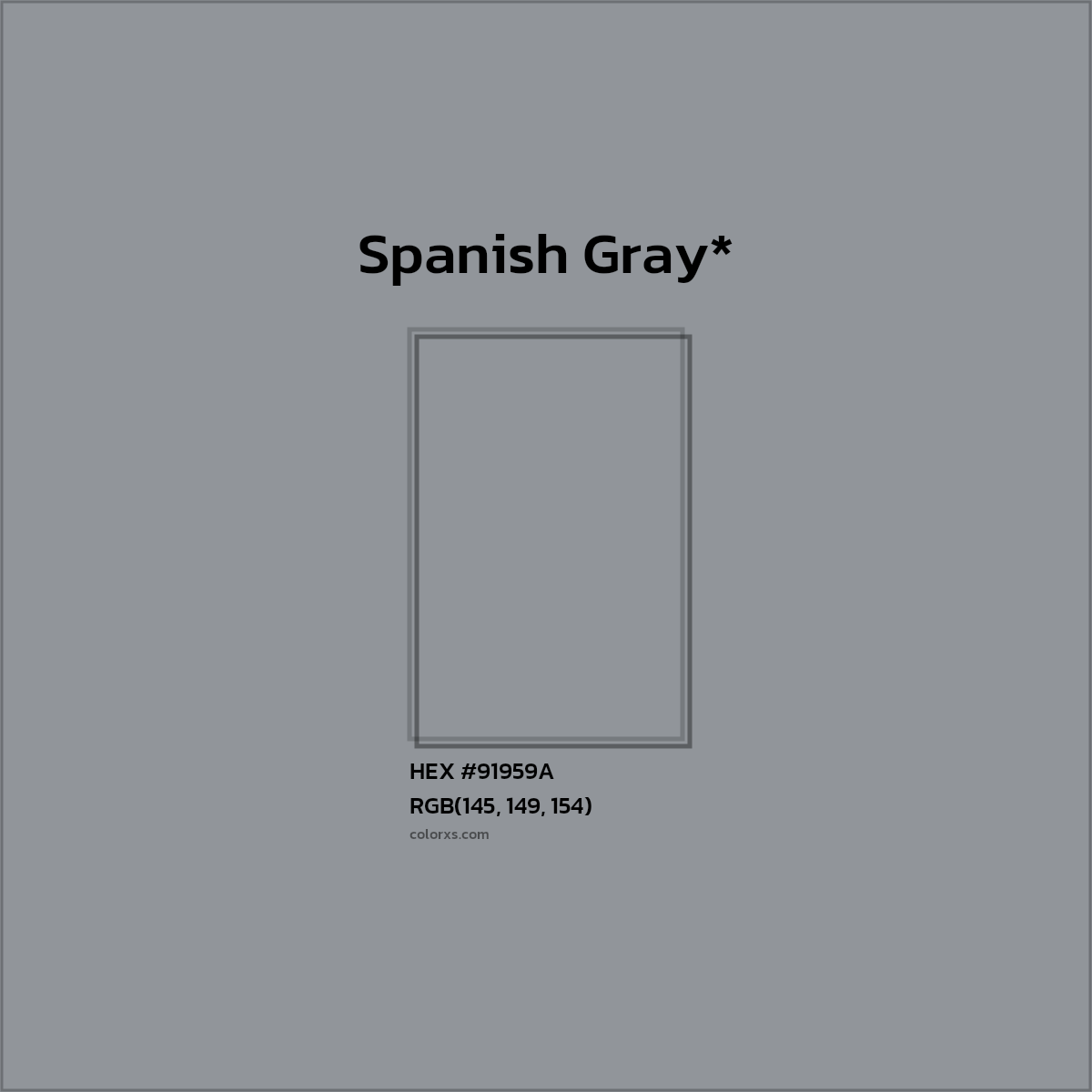 #91959A hex color. RGB, RYB, CMYK, HSL, HSV codes and color conversions. Matching color names, palettes, paints.