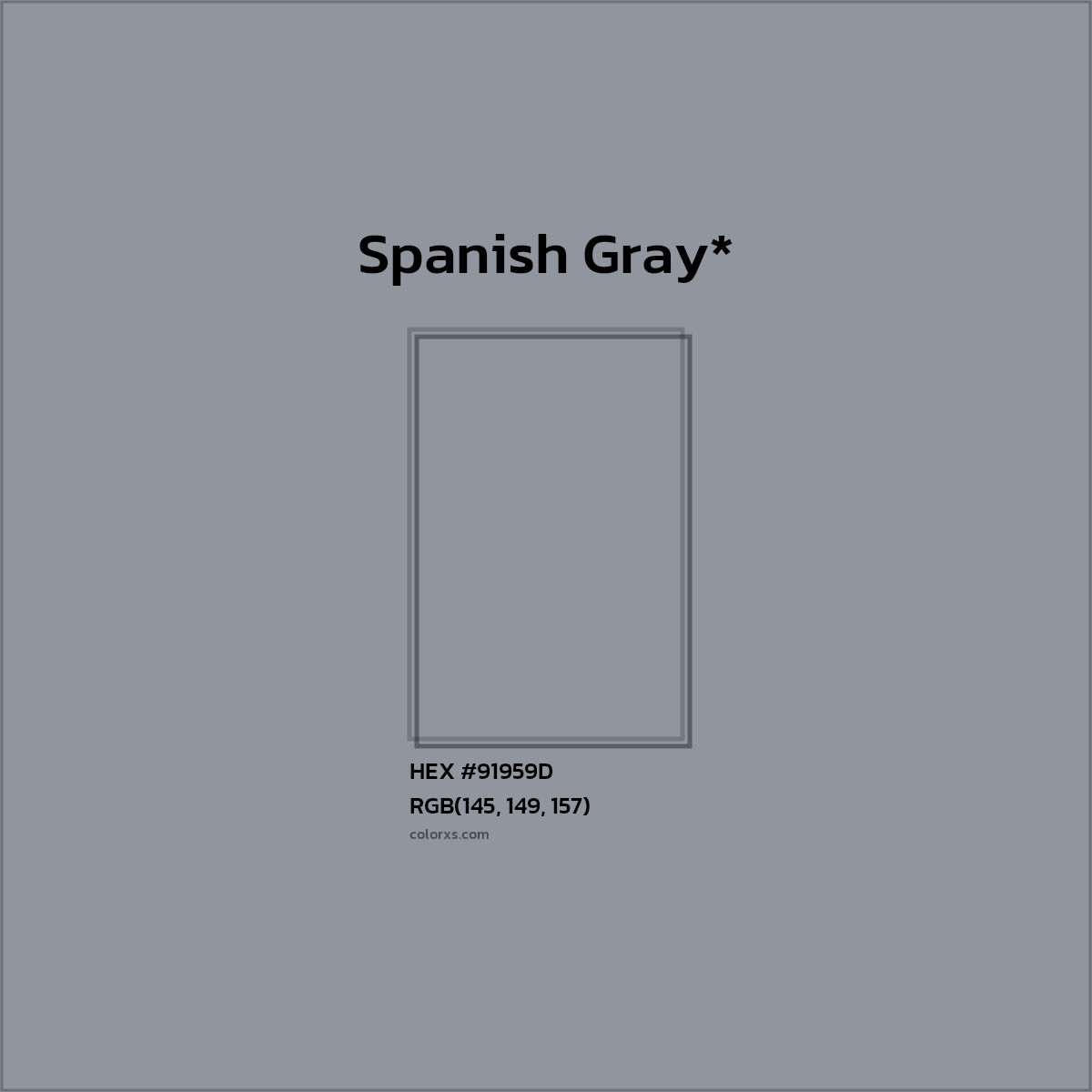 #91959D hex color. RGB, RYB, CMYK, HSL, HSV codes and color conversions. Matching color names, palettes, paints.