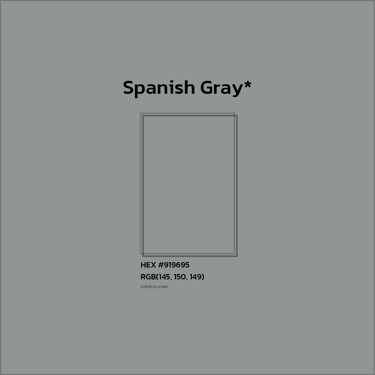 #919695 hex color. RGB, RYB, CMYK, HSL, HSV codes and color conversions. Matching color names, palettes, paints.