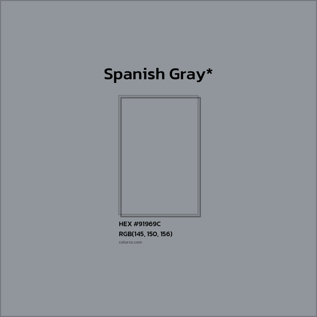 #91969C hex color. RGB, RYB, CMYK, HSL, HSV codes and color conversions. Matching color names, palettes, paints.