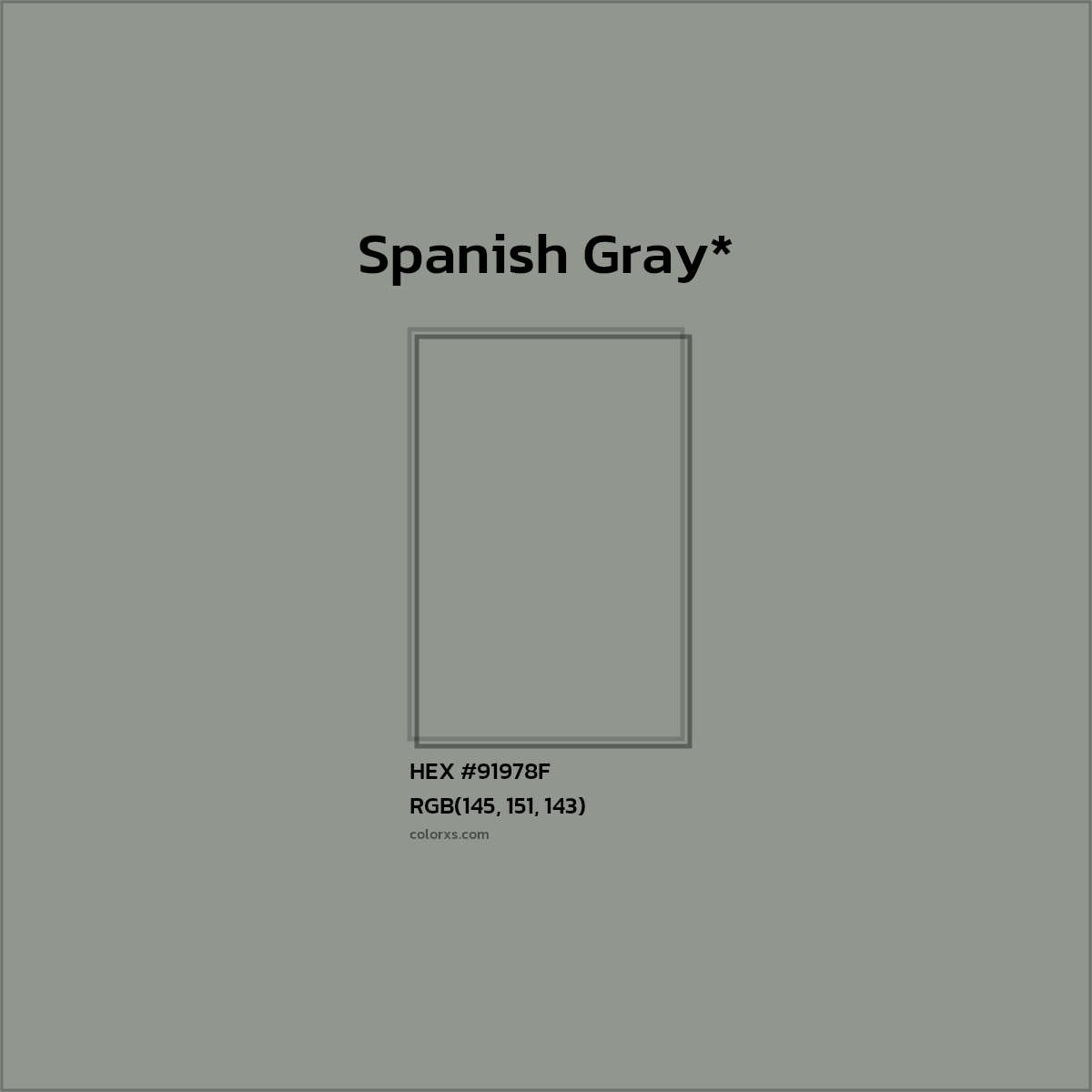 #91978F hex color. RGB, RYB, CMYK, HSL, HSV codes and color conversions. Matching color names, palettes, paints.