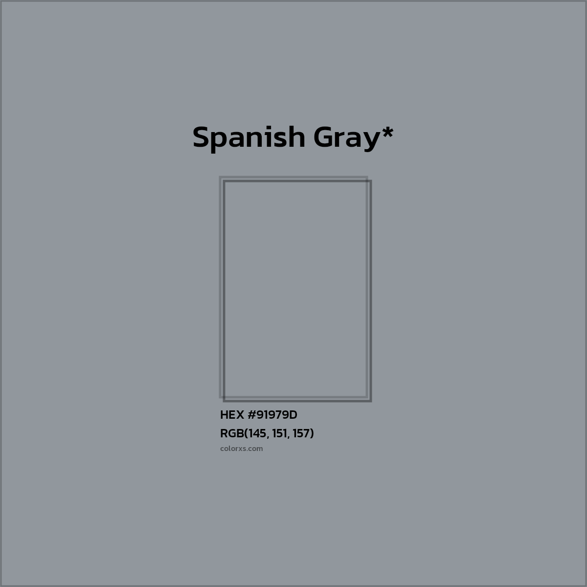 #91979D hex color. RGB, RYB, CMYK, HSL, HSV codes and color conversions. Matching color names, palettes, paints.