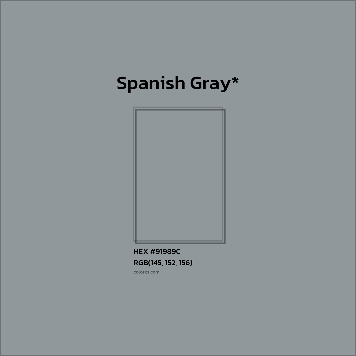 #91989C hex color. RGB, RYB, CMYK, HSL, HSV codes and color conversions. Matching color names, palettes, paints.