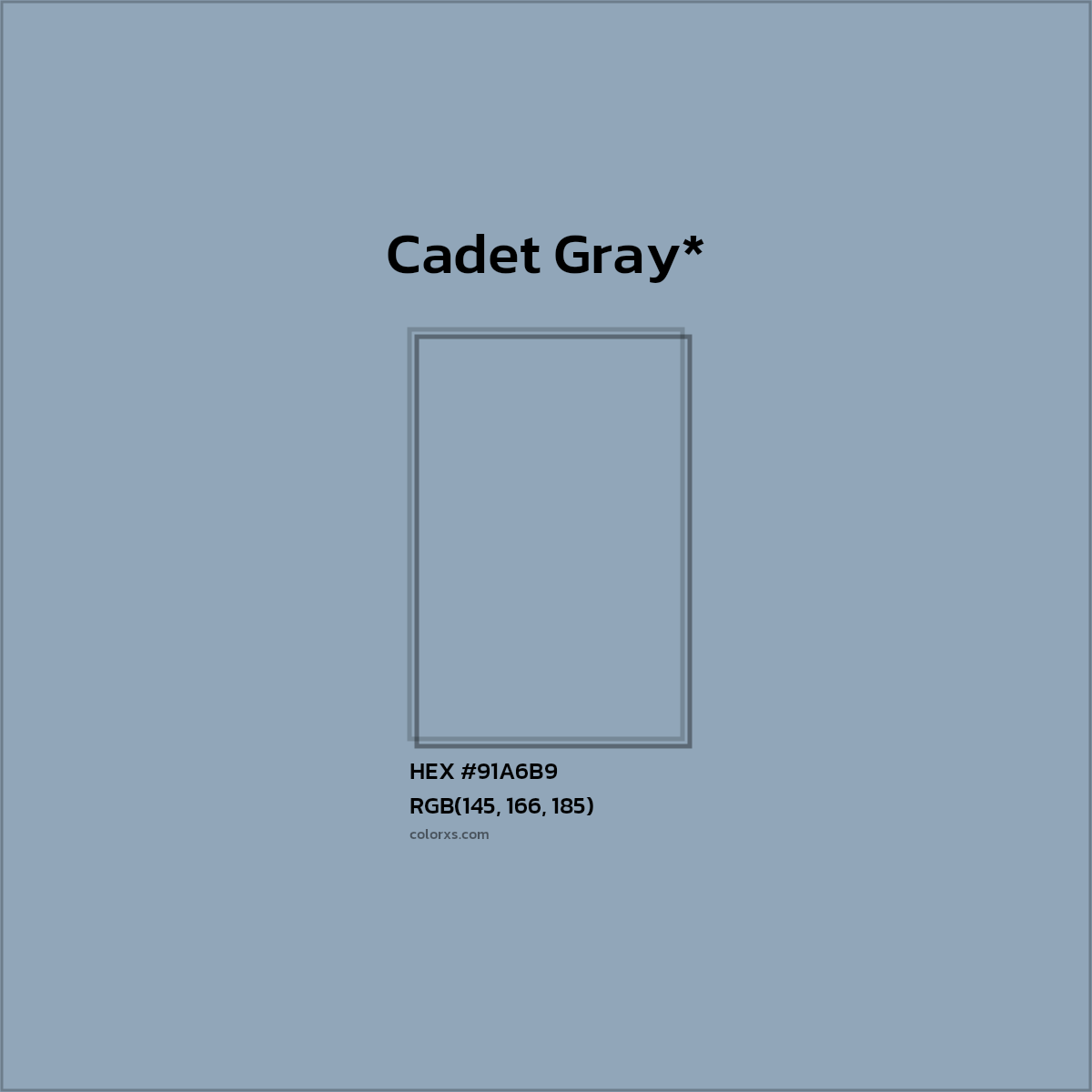 #91A6B9 hex color. RGB, RYB, CMYK, HSL, HSV codes and color conversions. Matching color names, palettes, paints.