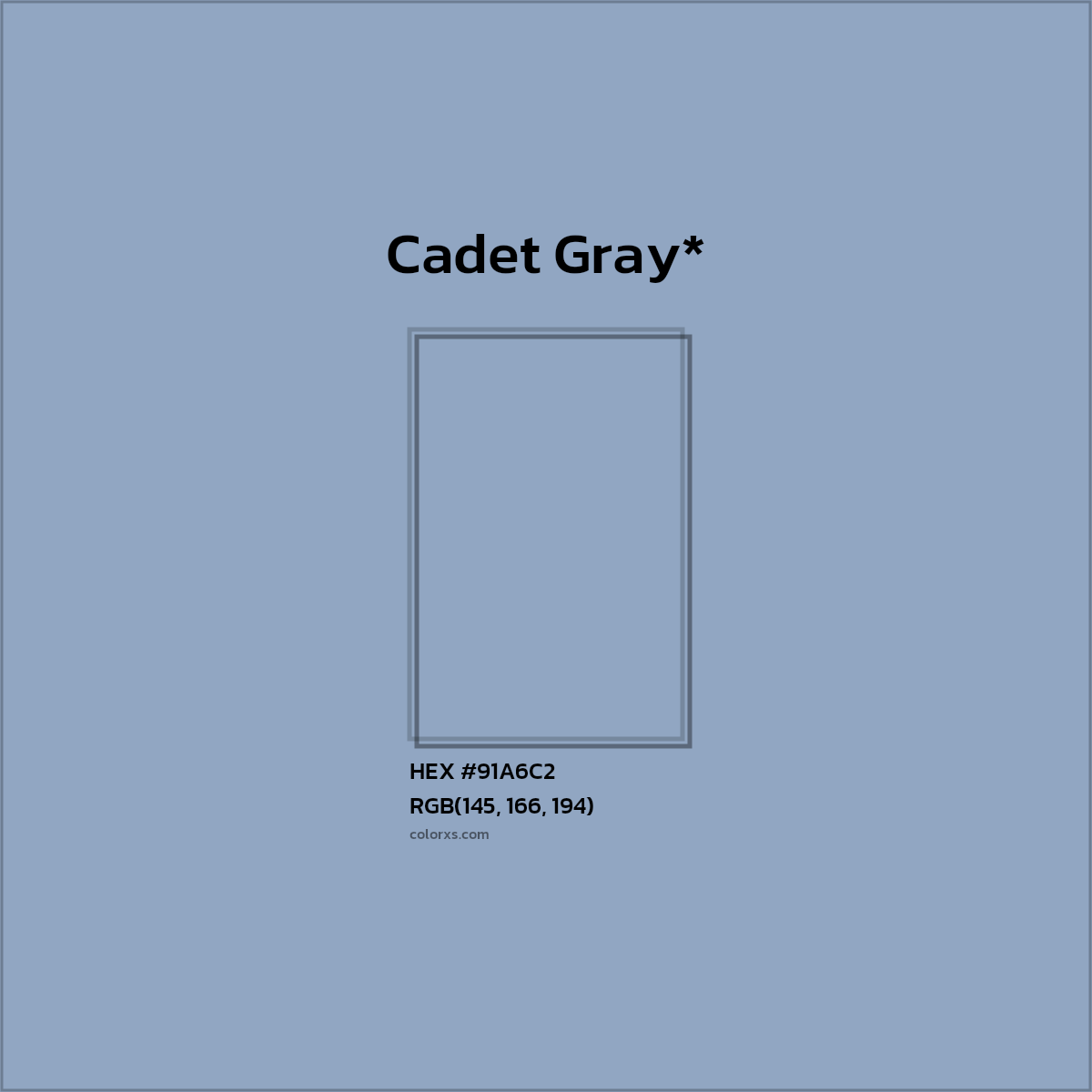 #91A6C2 hex color. RGB, RYB, CMYK, HSL, HSV codes and color conversions. Matching color names, palettes, paints.
