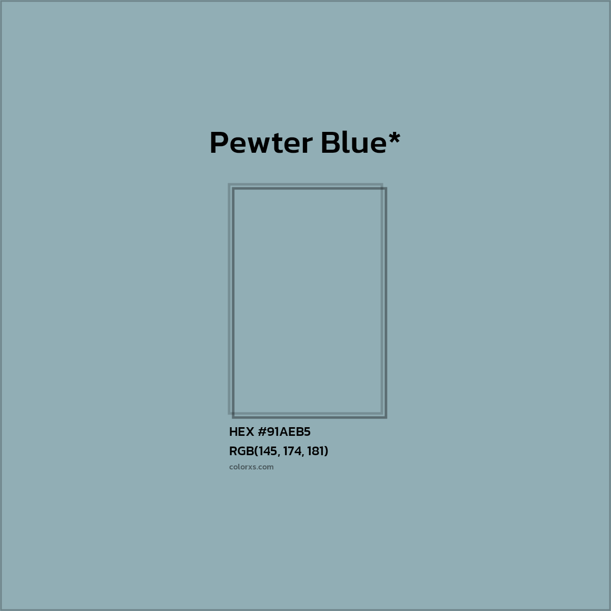 #91AEB5 hex color. RGB, RYB, CMYK, HSL, HSV codes and color conversions. Matching color names, palettes, paints.