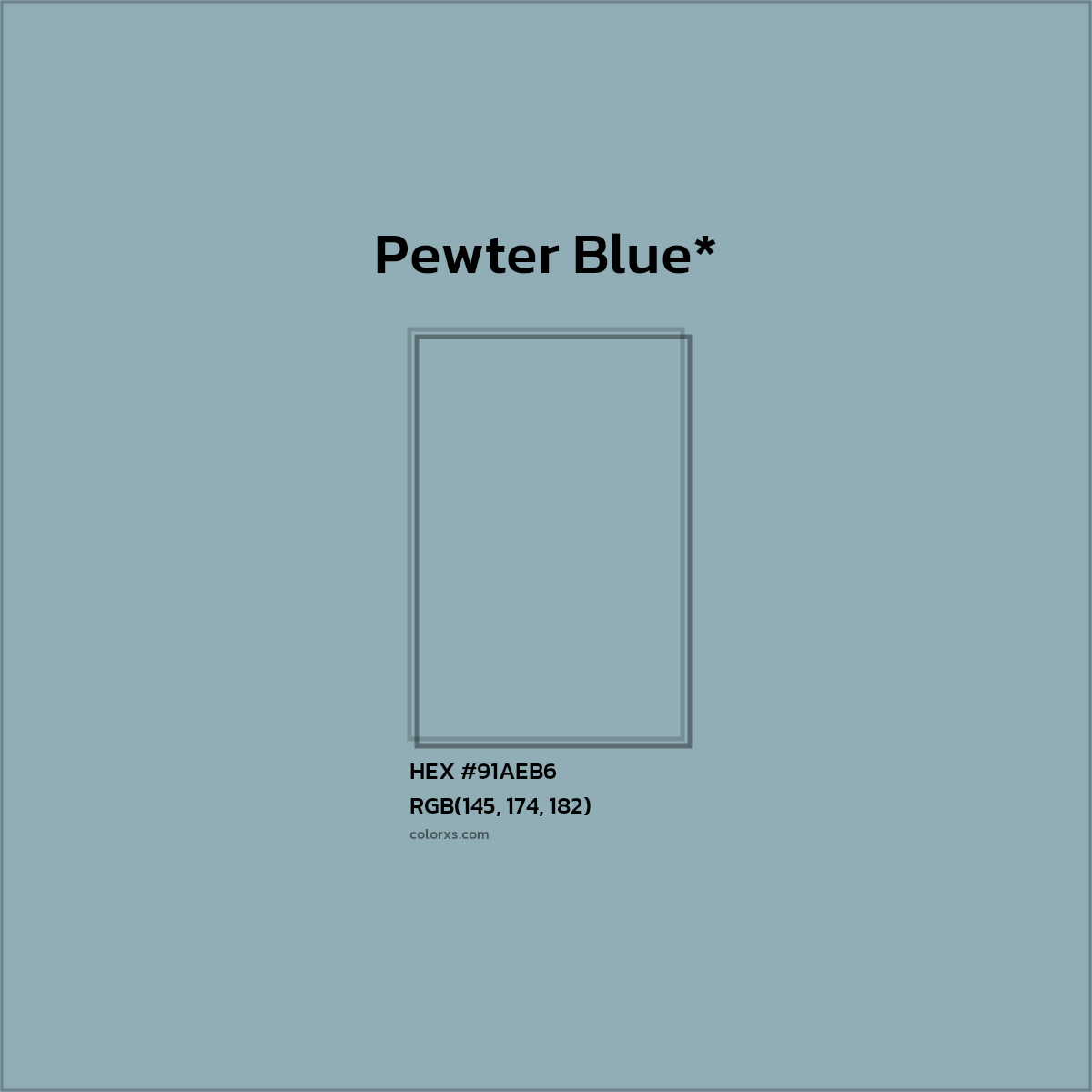 #91AEB6 hex color. RGB, RYB, CMYK, HSL, HSV codes and color conversions. Matching color names, palettes, paints.