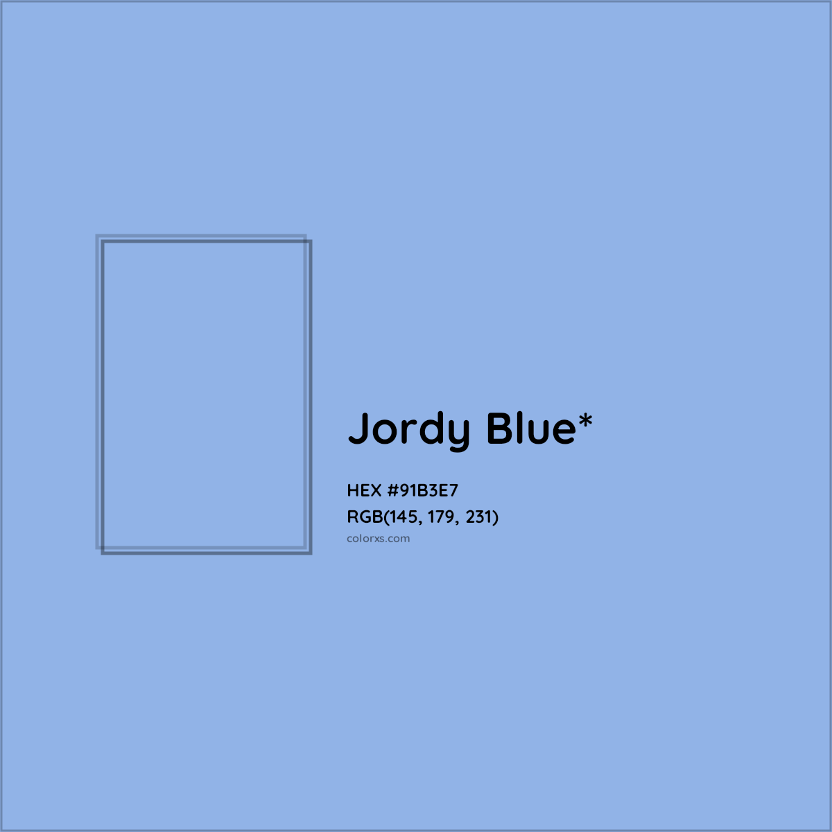 #91B3E7 hex color. RGB, RYB, CMYK, HSL, HSV codes and color conversions. Matching color names, palettes, paints.