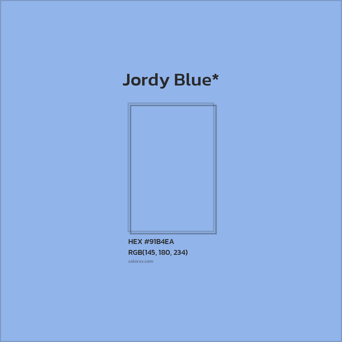 #91B4EA hex color. RGB, RYB, CMYK, HSL, HSV codes and color conversions. Matching color names, palettes, paints.