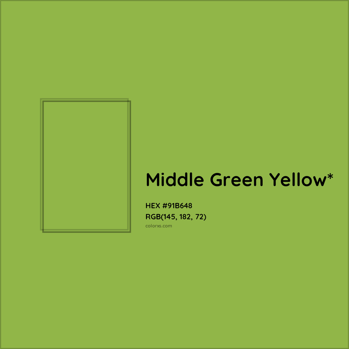 #91B648 hex color. RGB, RYB, CMYK, HSL, HSV codes and color conversions. Matching color names, palettes, paints.
