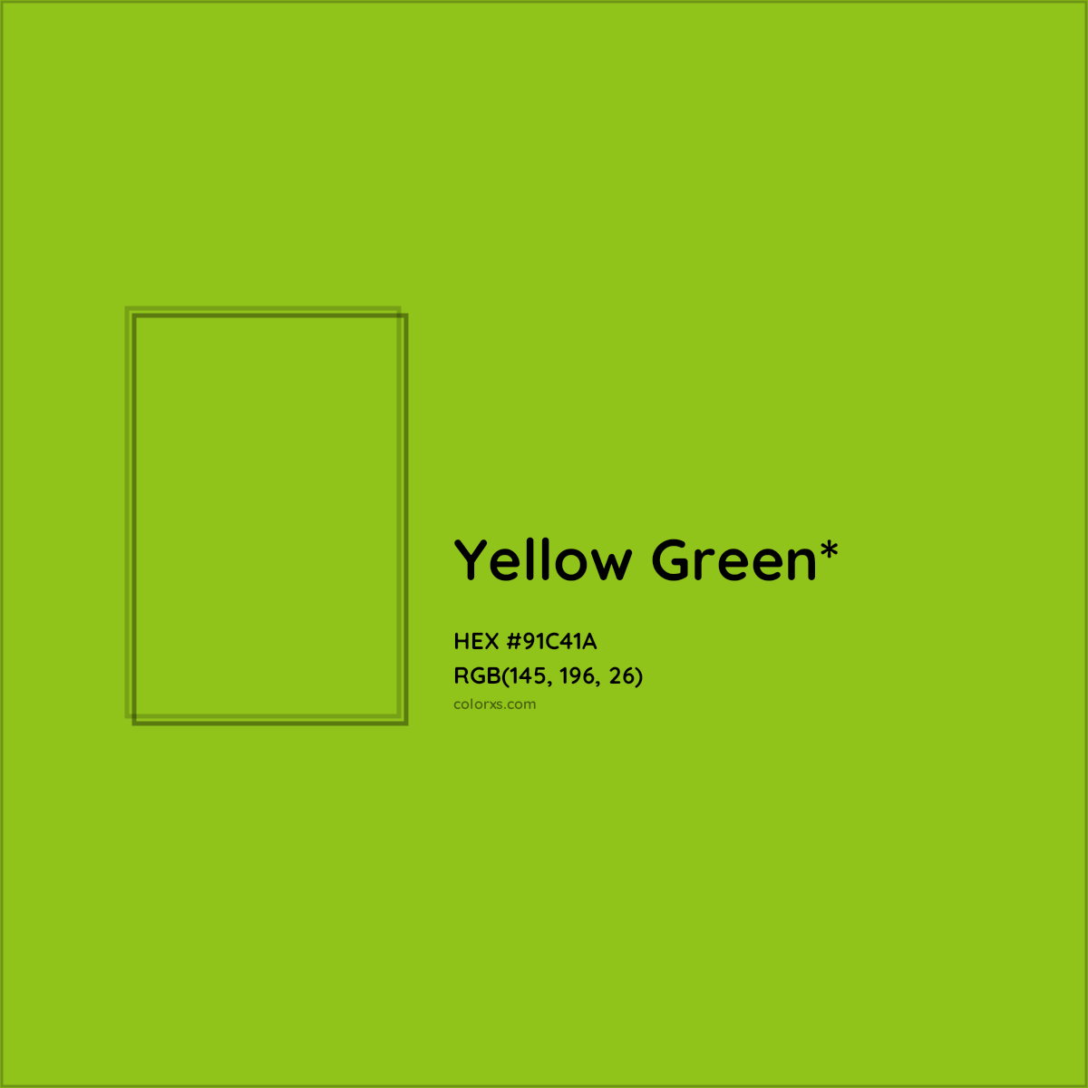 #91C41A hex color. RGB, RYB, CMYK, HSL, HSV codes and color conversions. Matching color names, palettes, paints.