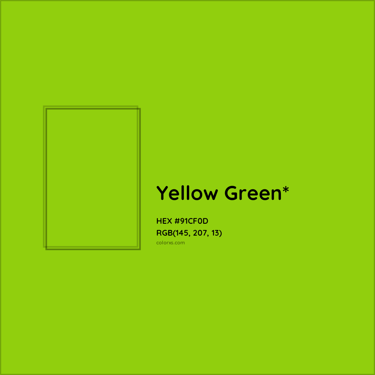 #91CF0D hex color. RGB, RYB, CMYK, HSL, HSV codes and color conversions. Matching color names, palettes, paints.