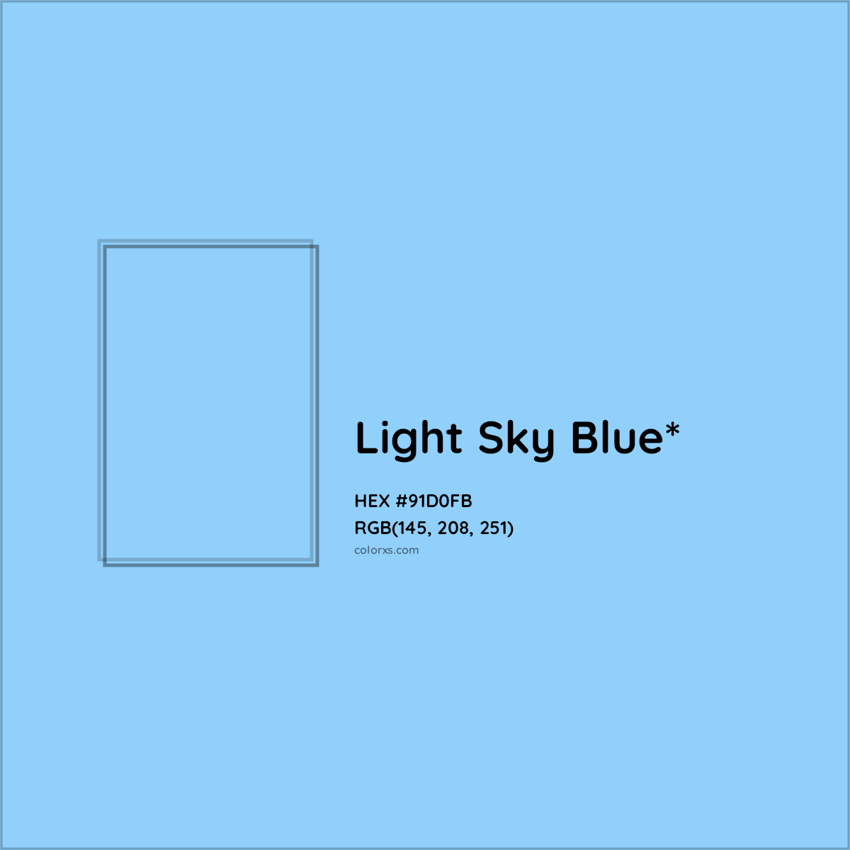 #91D0FB hex color. RGB, RYB, CMYK, HSL, HSV codes and color conversions. Matching color names, palettes, paints.