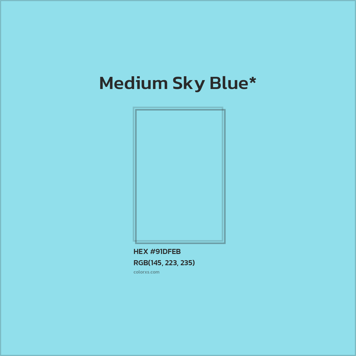 #91DFEB hex color. RGB, RYB, CMYK, HSL, HSV codes and color conversions. Matching color names, palettes, paints.